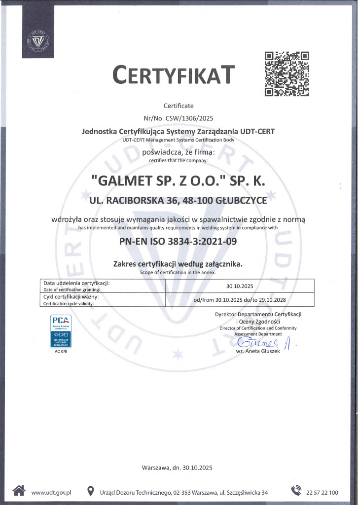 Certyfikat PN-EN ISO 3834-3:2021-09 firmy Galmet