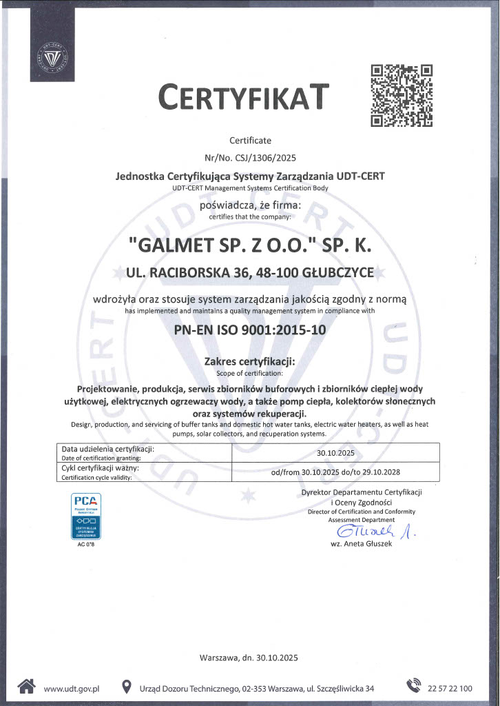 Certyfikat PN-EN ISO 9001:2015-10 firmy Galmet