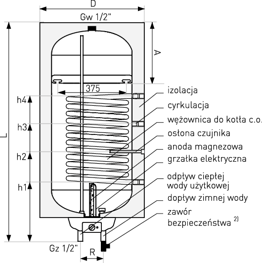 Schemat wymiennika c.w.u. Neptun Kombi - prawy, pojemność: 80 - 140 litrów