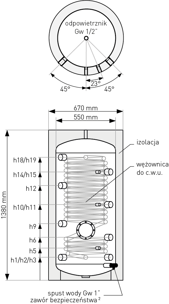 Schemat zbiornika akumulacyjnego - warstwowego MULTI-INOX 250